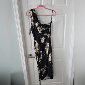 Size 18 one shoulder black floral tulip hem belted dress